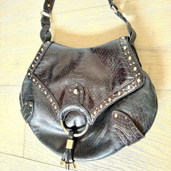 Cole Haan Collection Handbag Python Brown Studded Hobo Purse Faux Snakeskin - Picture 1 of 11